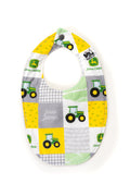 Baby Bib Displaying John Deere Tractors and Logos, Future Farmer Block Print