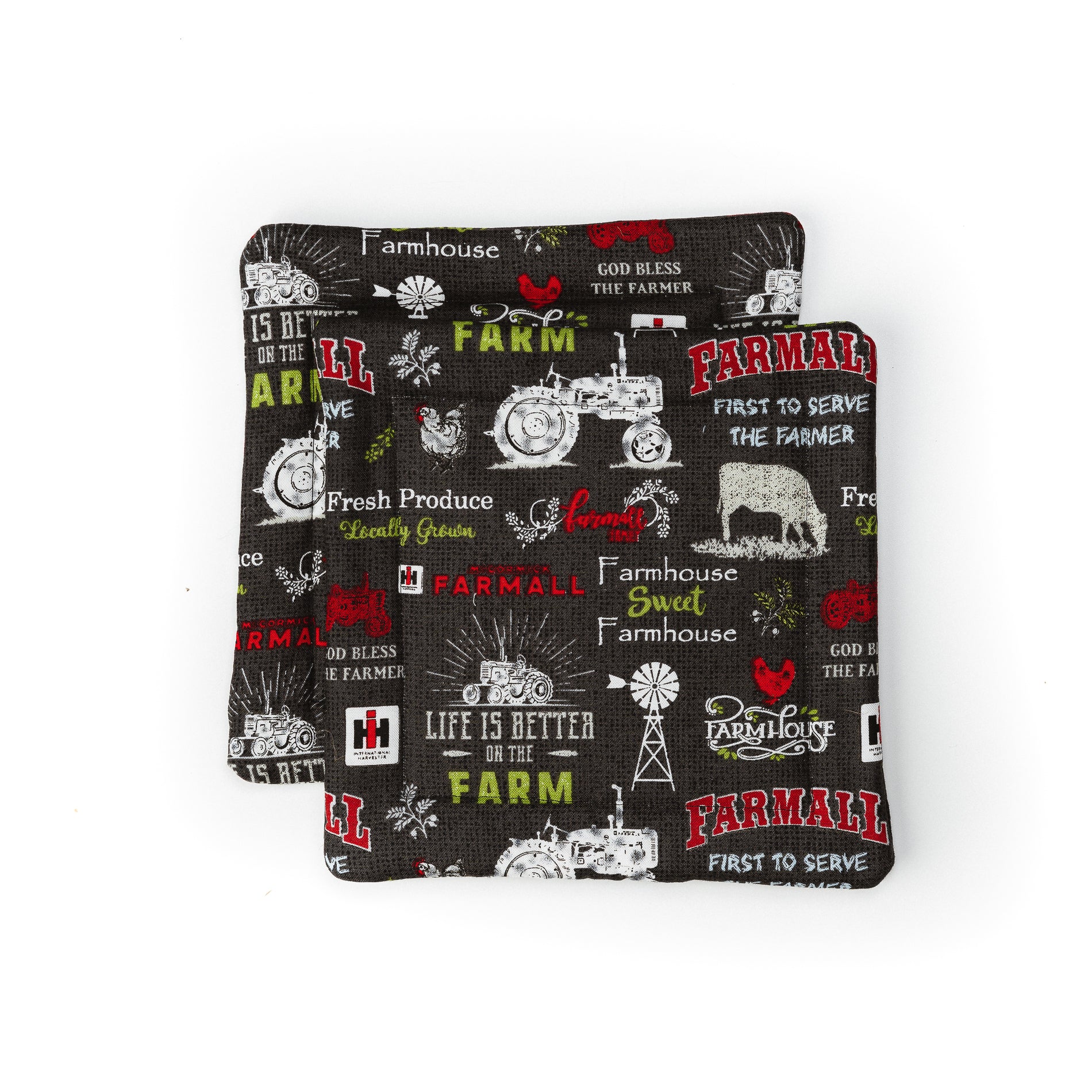 IH Farmall Tractor Pot Holders, Set of Two, Black and White Words