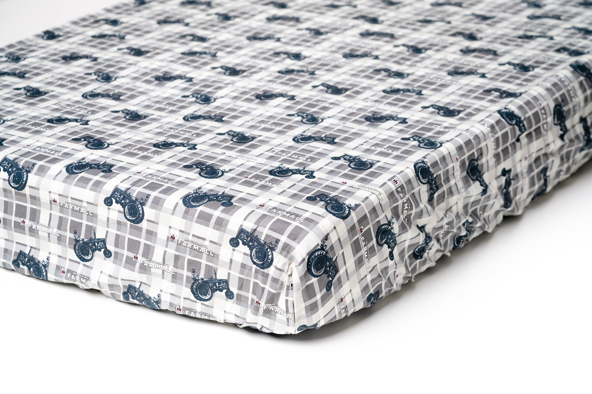 Farmall Tractor Crib Sheet, Gray Plaid
