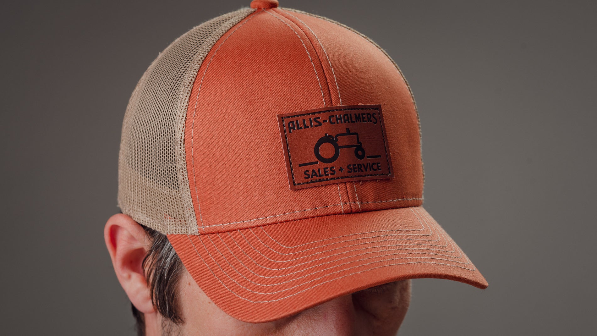 Allis Chalmers Leather Emblem Hat, Burnt Orange, Sales and Service Emblem