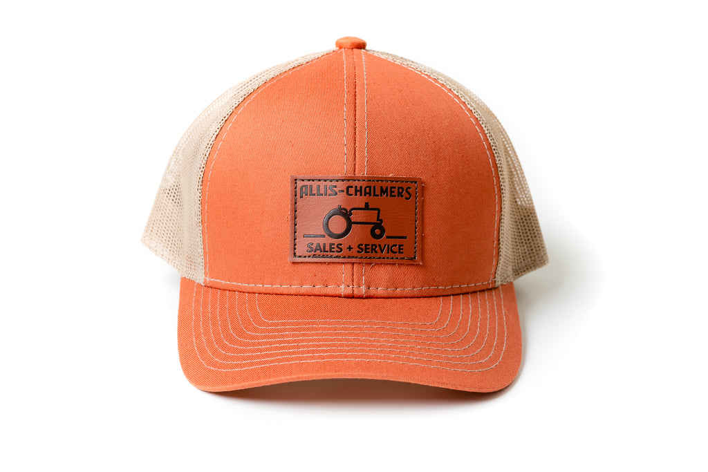 Allis Chalmers Leather Emblem Hat, Burnt Orange, Sales and Service Emblem
