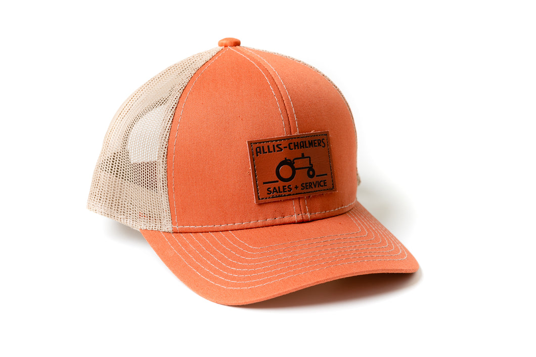 Allis Chalmers Leather Emblem Hat, Burnt Orange, Sales and Service Emblem