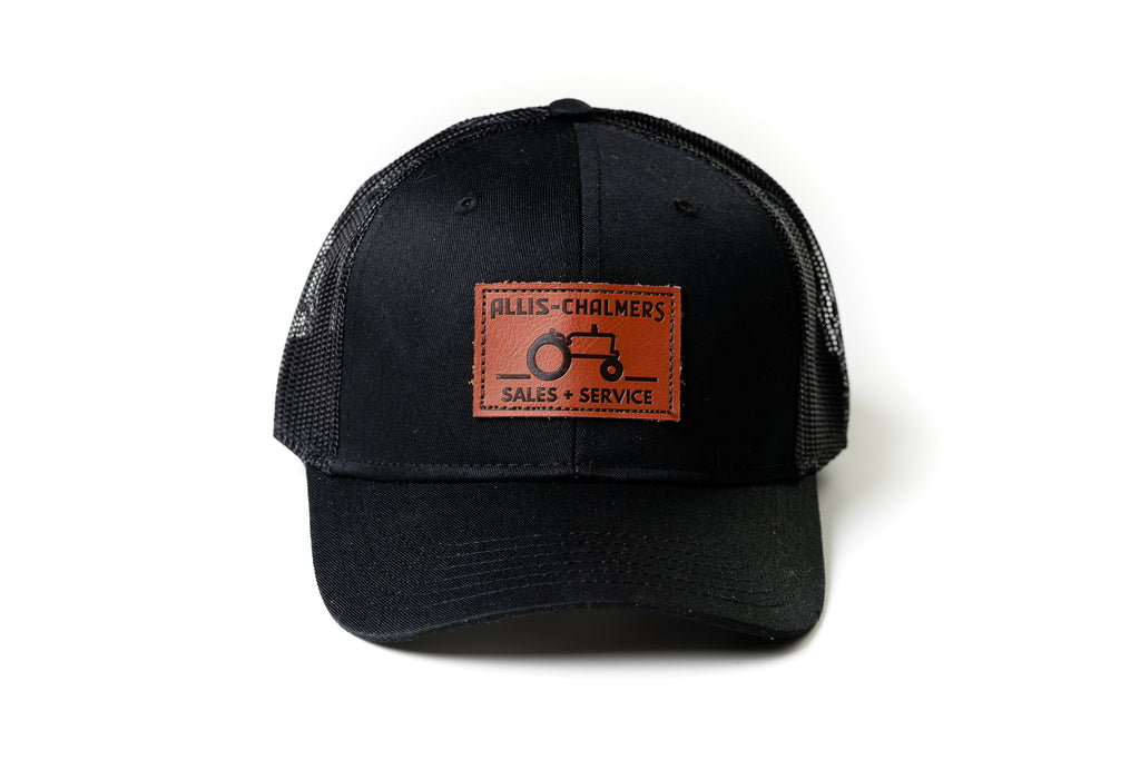 Allis Chalmers Leather Emblem Hat, Black Mesh, Sales and Service Emblem