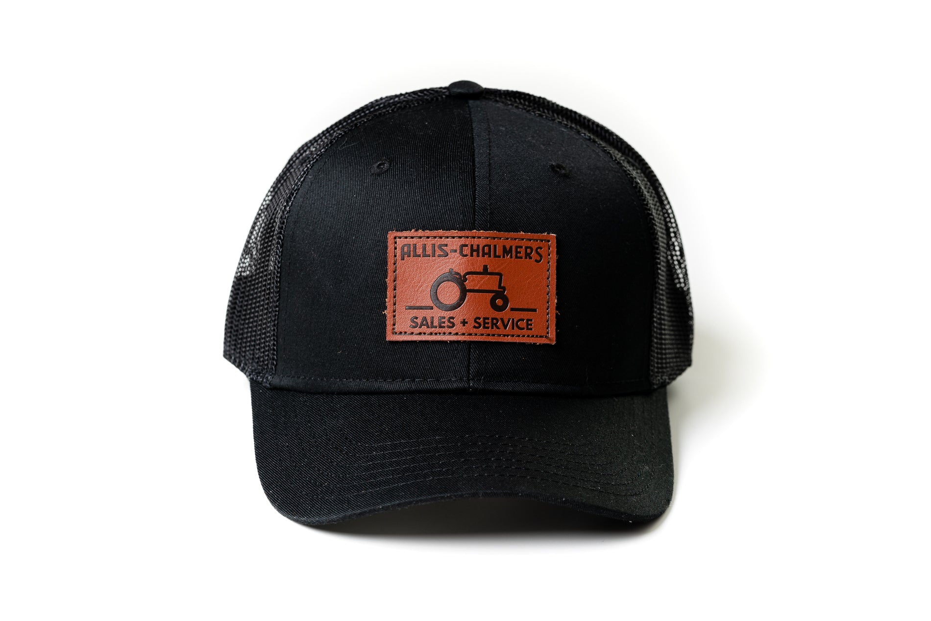 Allis Chalmers Leather Emblem Hat, Black Mesh, Sales and Service Emblem