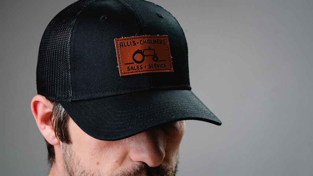 Allis Chalmers Leather Emblem Hat, Black Mesh, Sales and Service Emblem