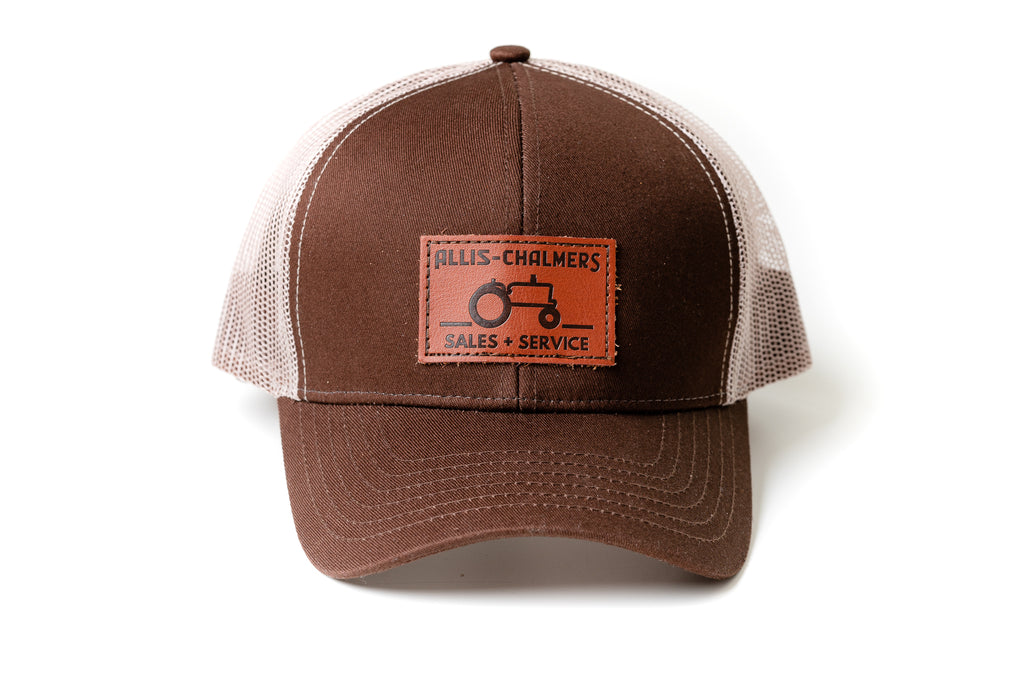 Allis Chalmers Leather Emblem Hat, Brown Mesh, Sales and Service Emblem
