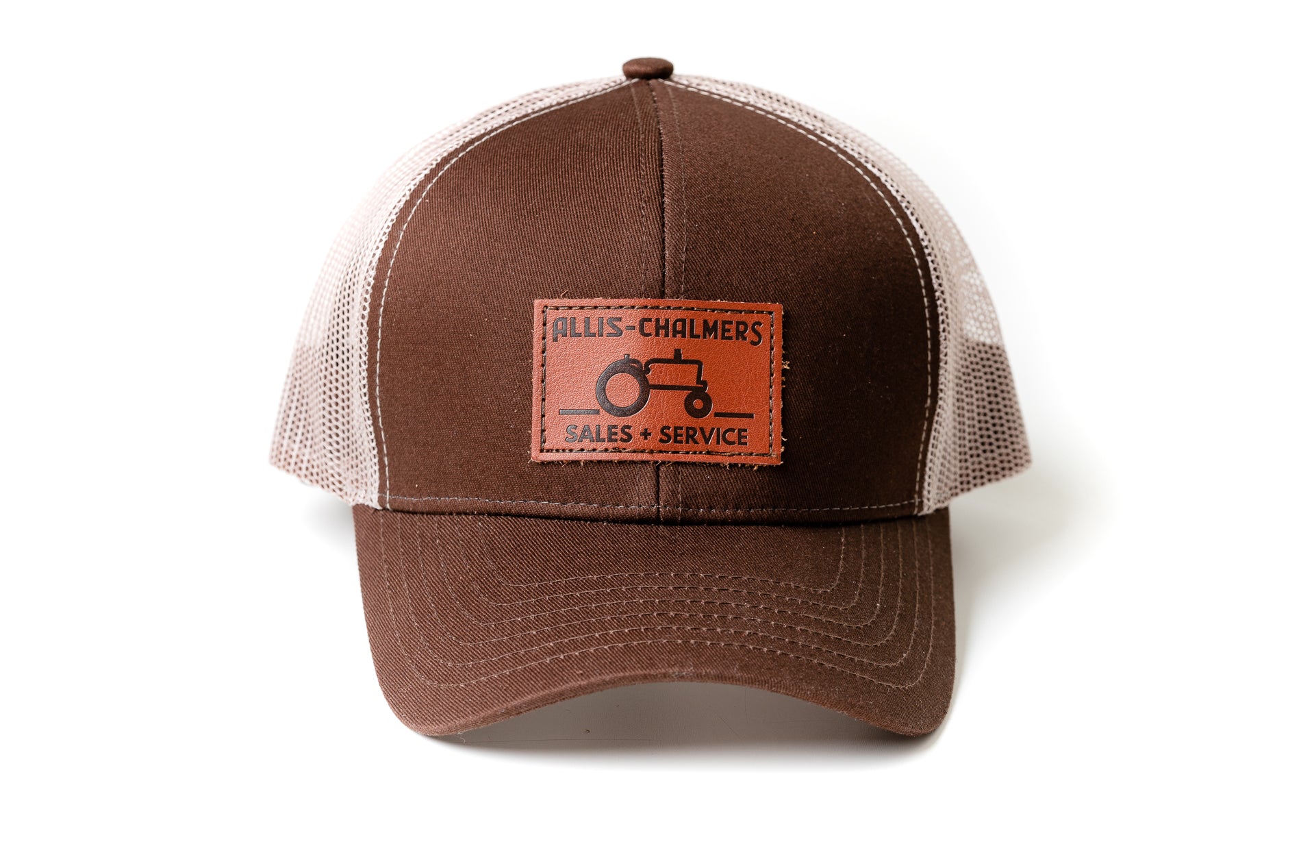 Allis Chalmers Leather Emblem Hat, Brown Mesh, Sales and Service Emblem