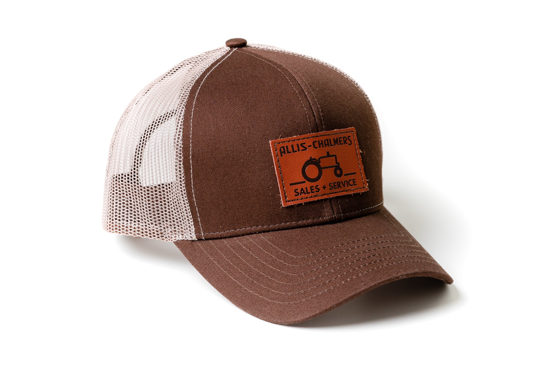 Allis Chalmers Leather Emblem Hat, Brown Mesh, Sales and Service Emblem