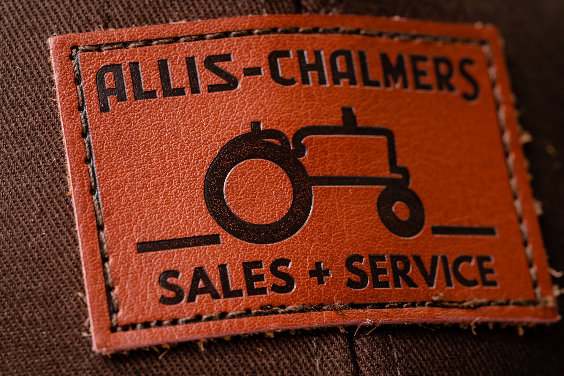 Allis Chalmers Leather Emblem Hat, Brown Mesh, Sales and Service Emblem