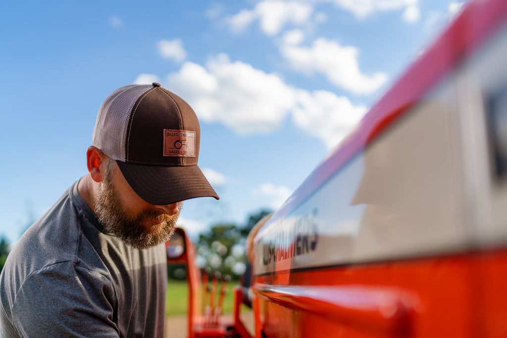 Allis Chalmers Leather Emblem Hat, Brown Mesh, Sales and Service Emblem