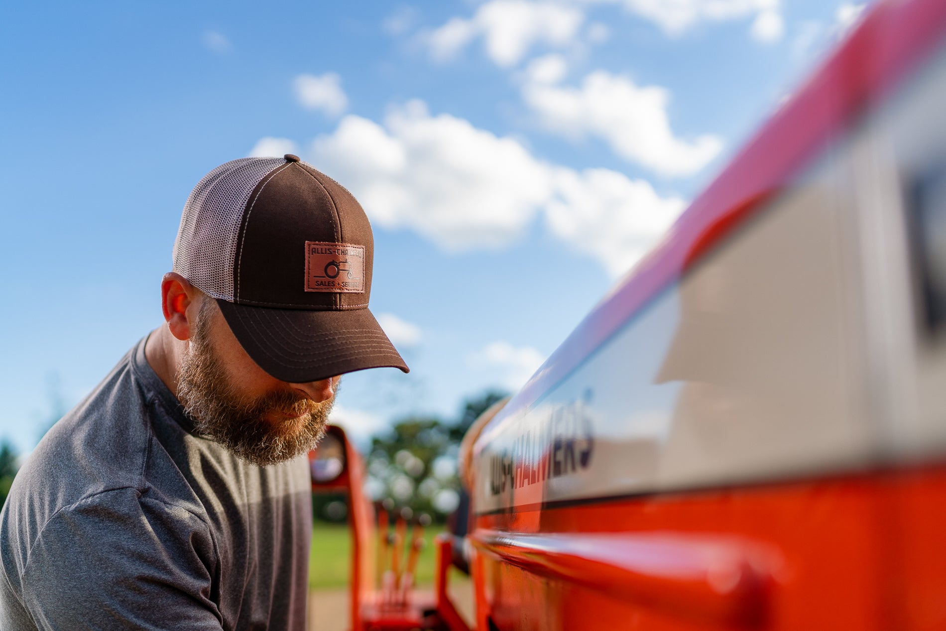Allis Chalmers Leather Emblem Hat, Brown Mesh, Sales and Service Emblem