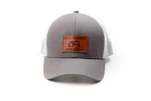 Allis Chalmers Leather Emblem Hat, Gray White Mesh, Sales and Service Emblem
