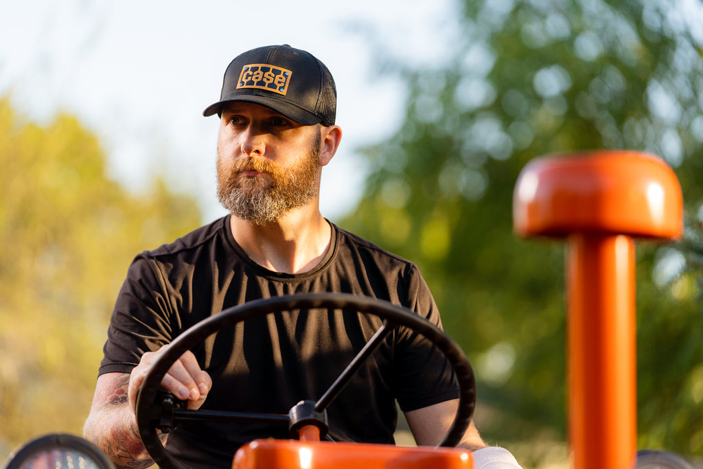 Case Tread Logo Leather Emblem Hat, Black Mesh