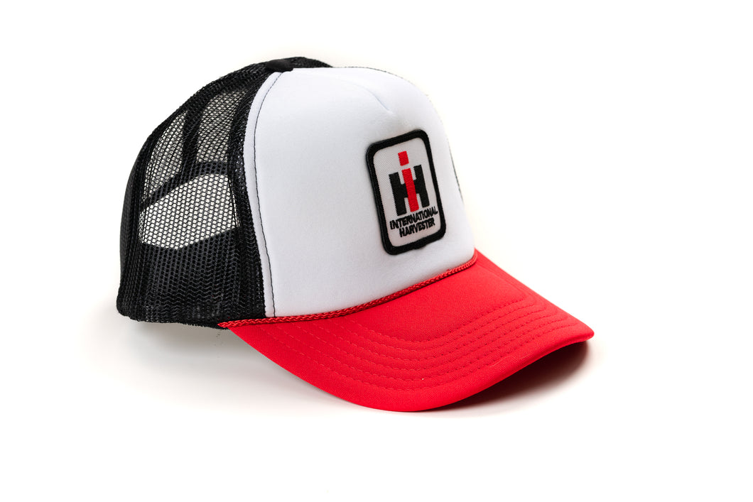 International Harvester IH Logo Hat, White Foam Front with Red Brim and Mesh Back