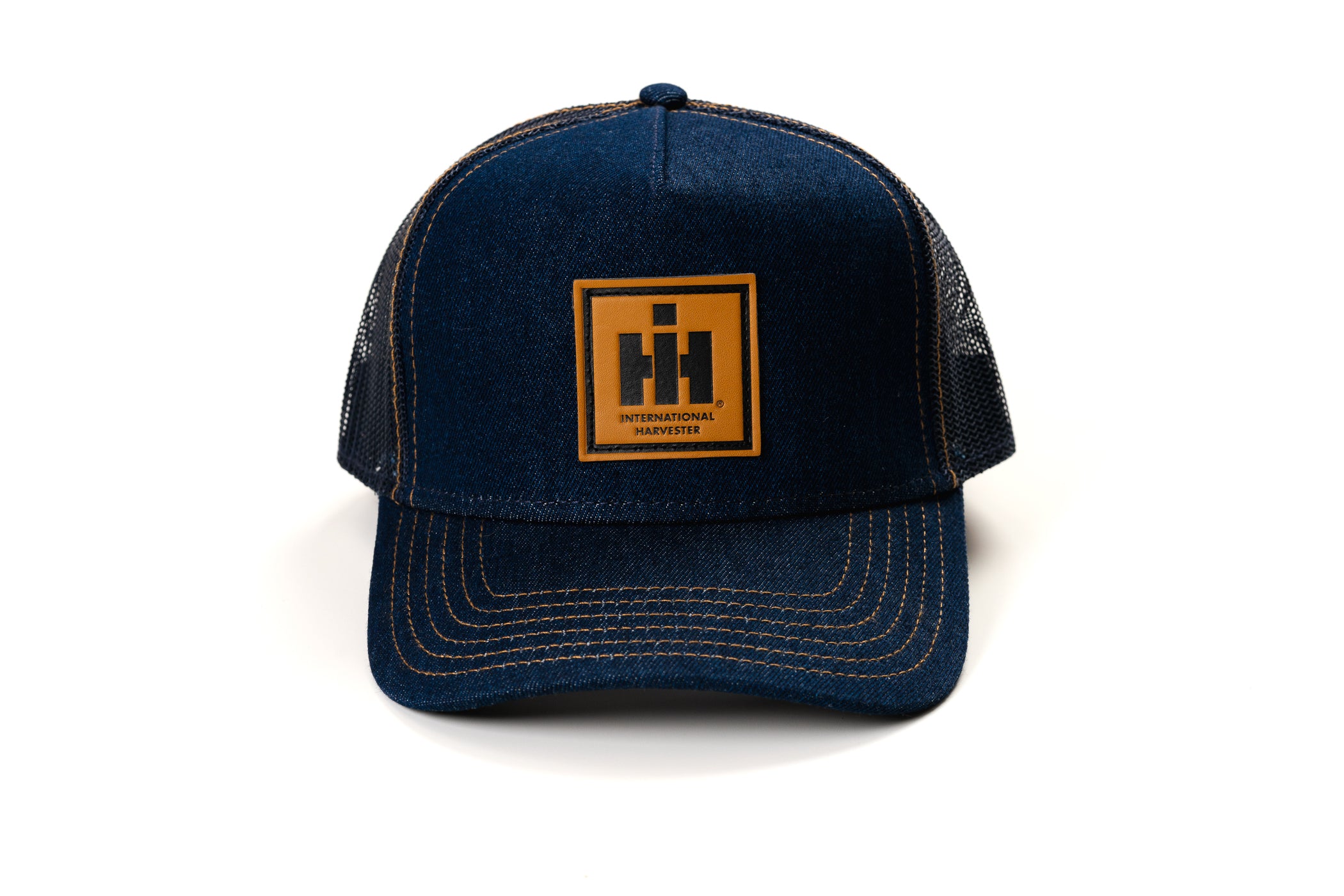International Harvester IH Logo Hat, Leather Emblem, Denim Mesh