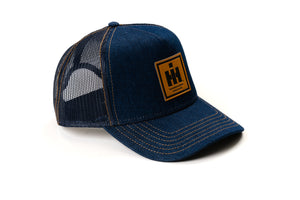 International Harvester IH Logo Hat, Leather Emblem, Denim Mesh