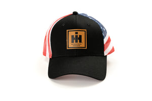 International Harvester Leather Emblem Hat, Black with Flag Mesh Back