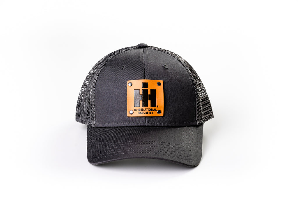 International Harvester IH Logo Hat, Leather Emblem, Gray Mesh, Choose Adult or Youth Size