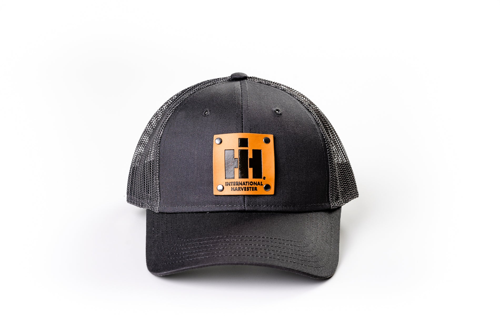 International Harvester IH Logo Hat, Leather Emblem, Gray Mesh, Choose Adult or Youth Size