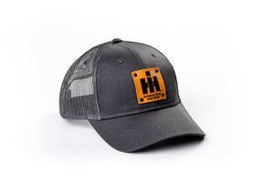 International Harvester IH Logo Hat, Leather Emblem, Gray Mesh, Choose Adult or Youth Size