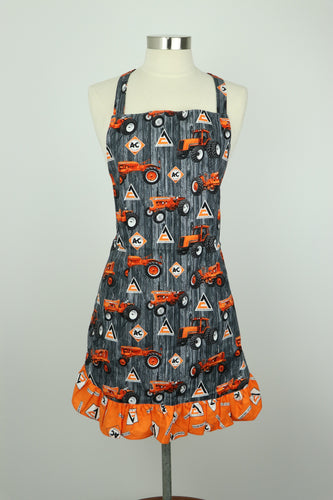 Ladies' Allis Chalmers Apron with Ruffle, Tractors on Dark Gray Barn Wood Background