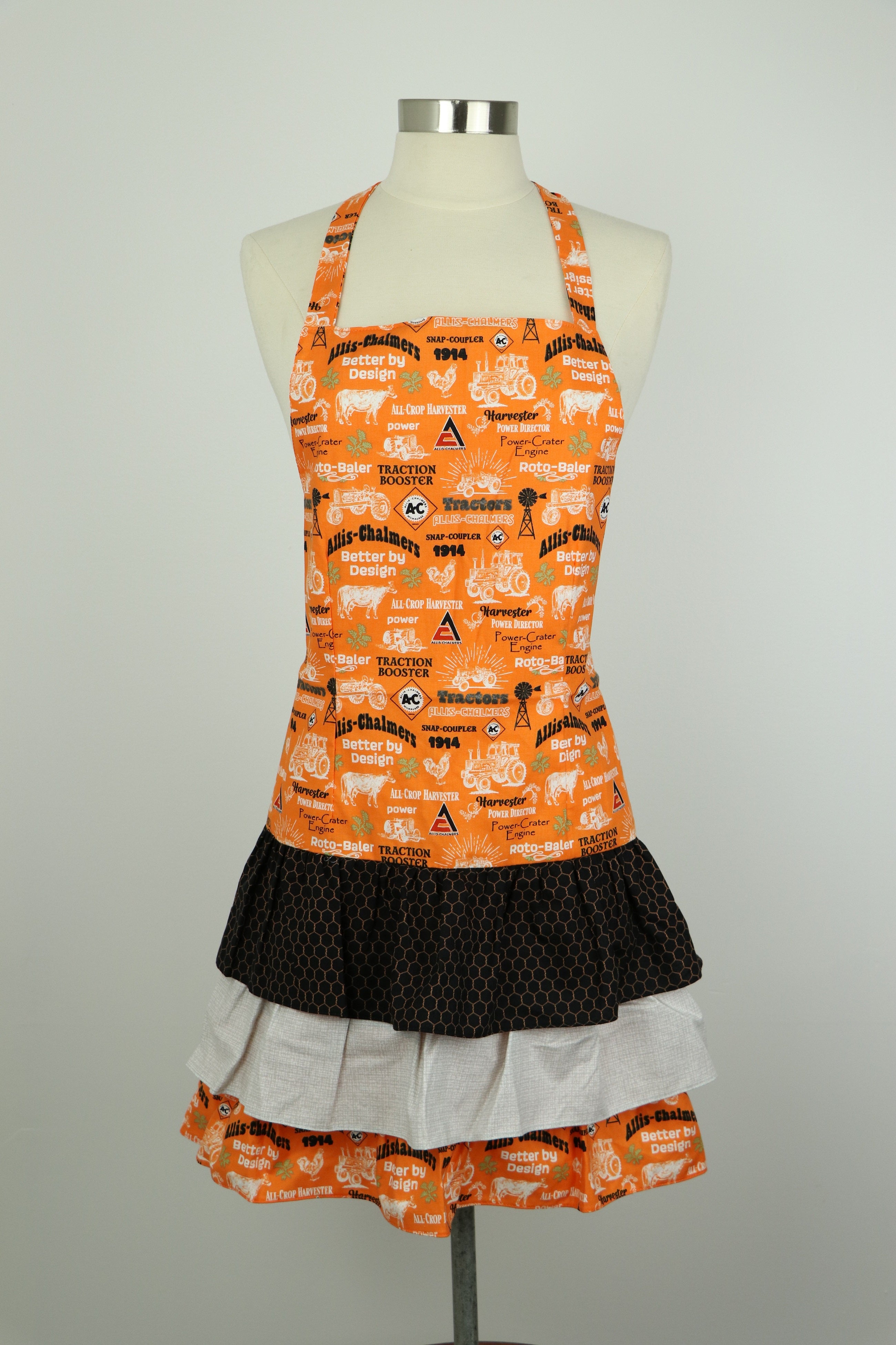 Ladies' Allis Chalmers Apron with Ruffles, Orange Farmhouse Design