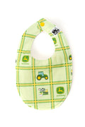 Baby Bib Displaying John Deere Tractors and Logos, Green Plaid