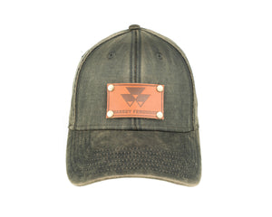 Massey Ferguson Leather Emblem Hat, Oil Distressed