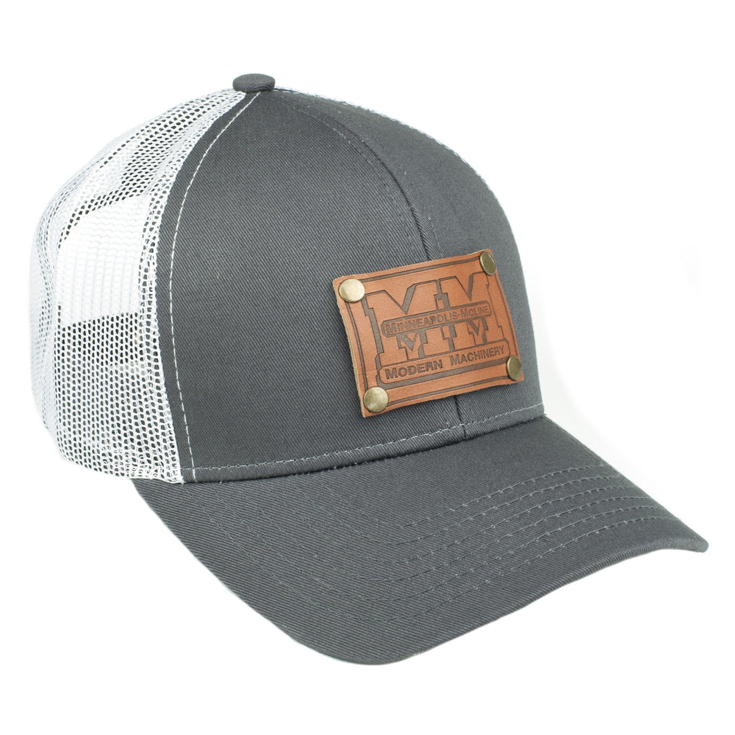 Minneapolis Moline Leather Emblem Hat, Gray and White