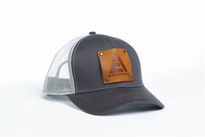 Allis Chalmers Logo Hat, Leather Emblem, Gray/White