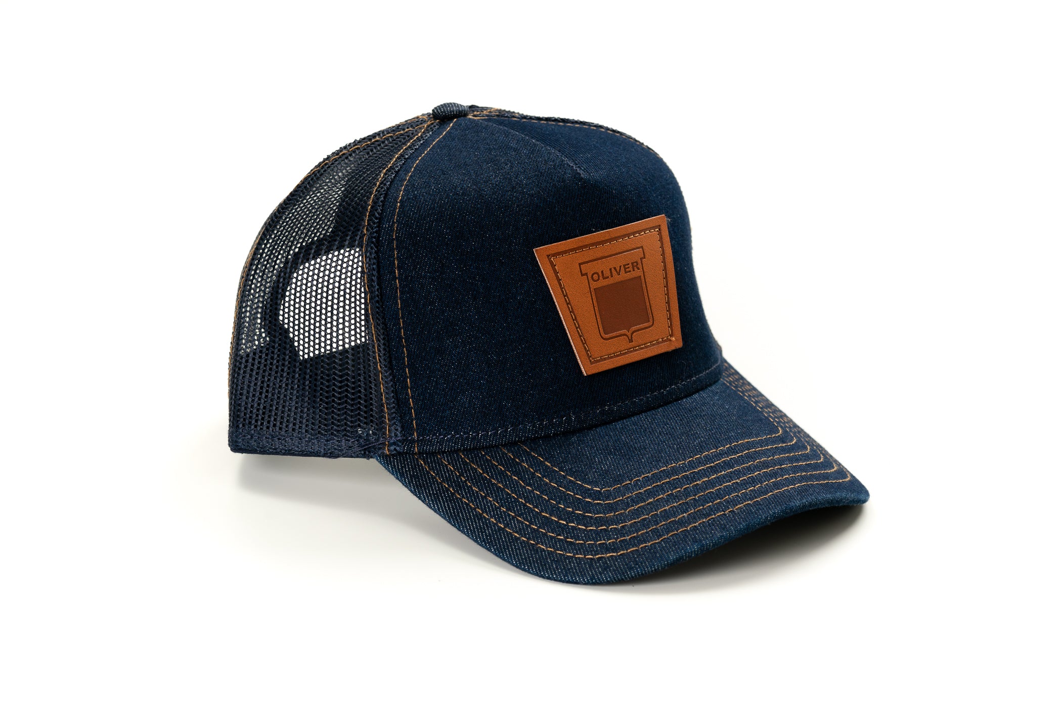 Oliver Leather Emblem Hat, Denim Trucker Mesh