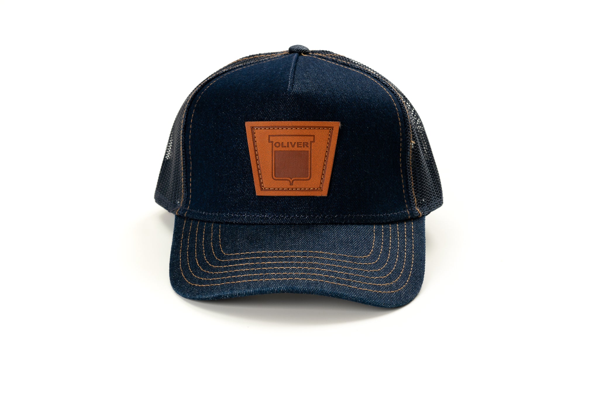 Custom Leather Patch Trucker Hat Crafters Lab Exclusive Collection Heather Denim / White