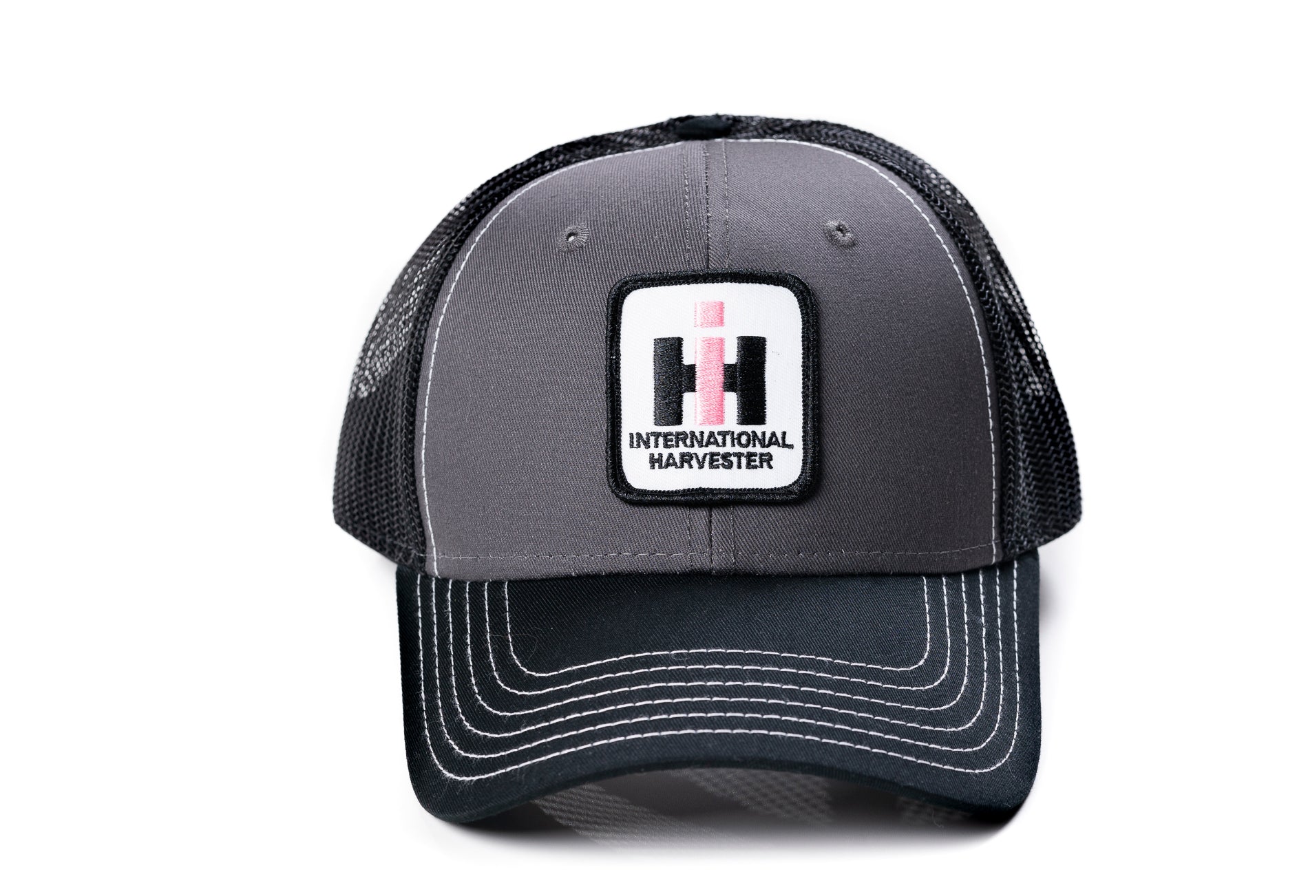Ladies International Harvester Logo Hat, Pink IH Logo on Gray and Black Mesh Hat