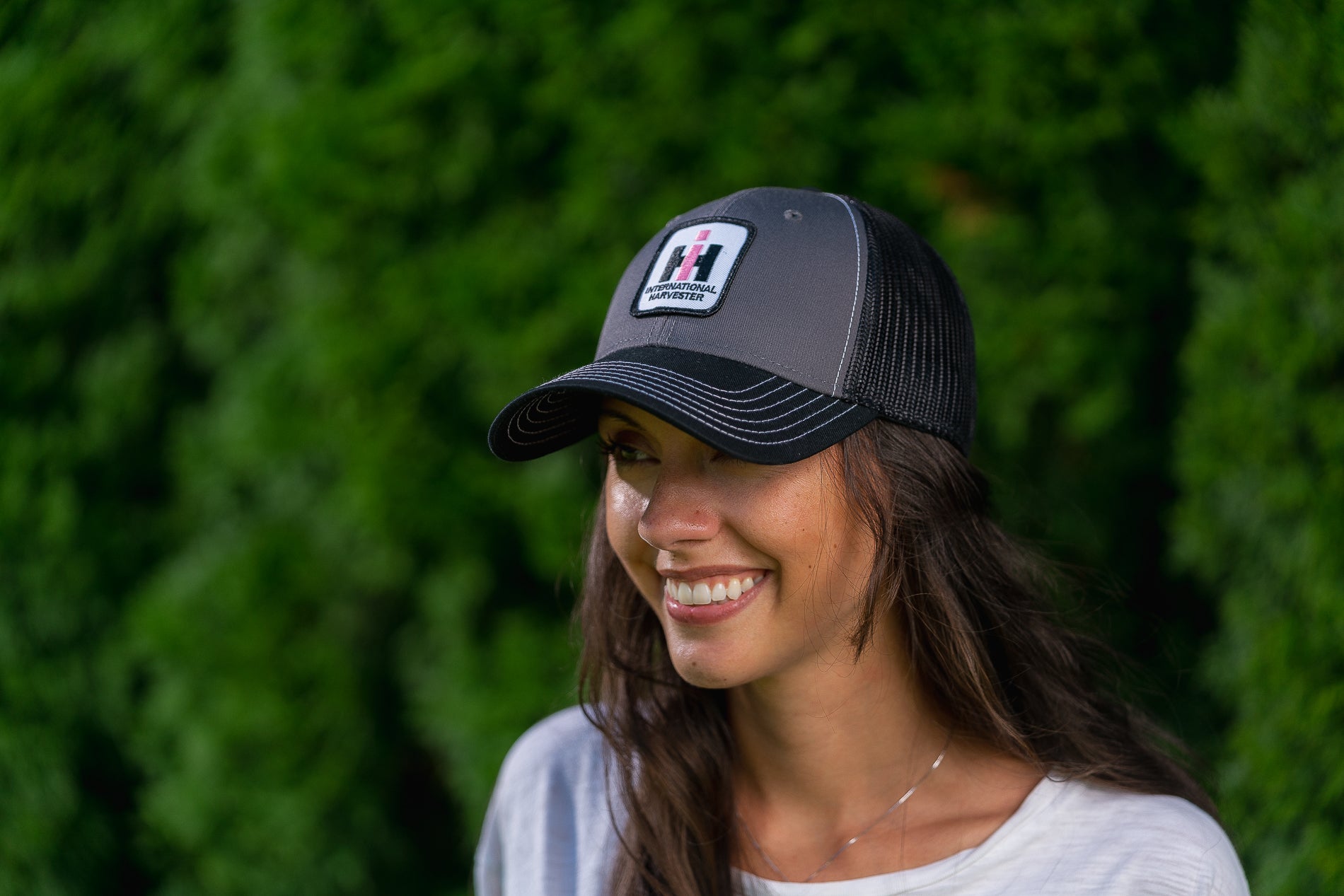 Ladies International Harvester Logo Hat, Pink IH Logo on Gray and Black Mesh Hat