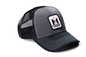 Ladies International Harvester Logo Hat, Pink IH Logo on Gray and Black Mesh Hat