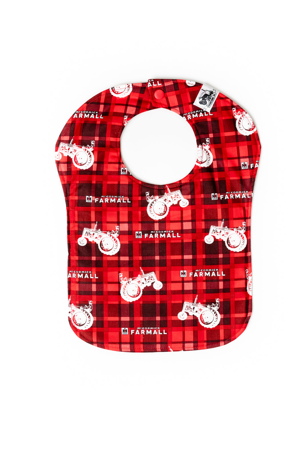 Farmall Tractor Baby Bib, Red Plaid with Tractor Silhouettes