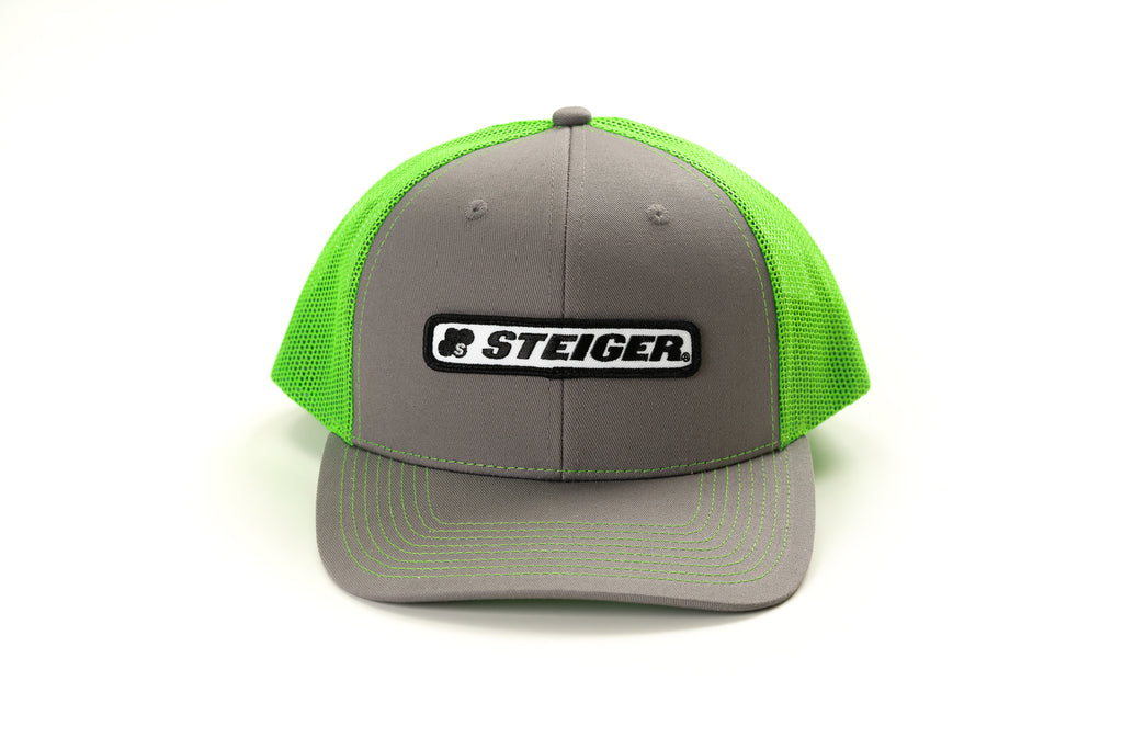 Steiger Logo Hat, Charcoal Gray with Neon Green Mesh Back, Trucker Hat