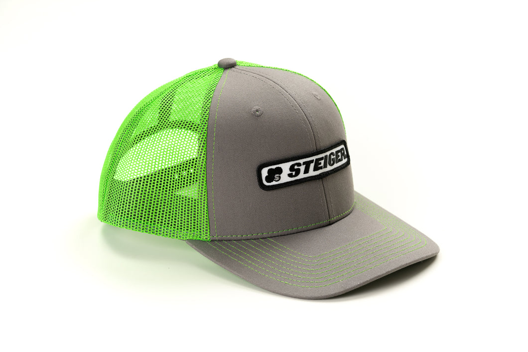 Steiger Logo Hat, Charcoal Gray with Neon Green Mesh Back, Trucker Hat
