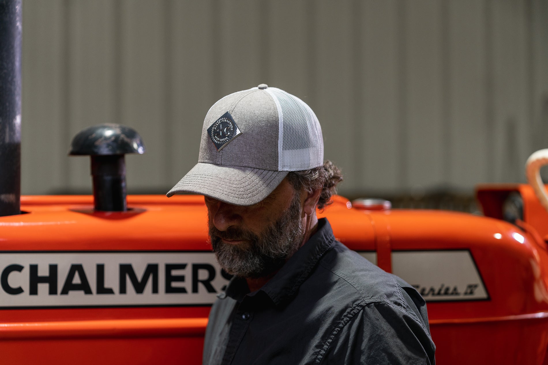Allis Chalmers Hat, Liquid Metal Vintage Logo, Gray with White Mesh Back