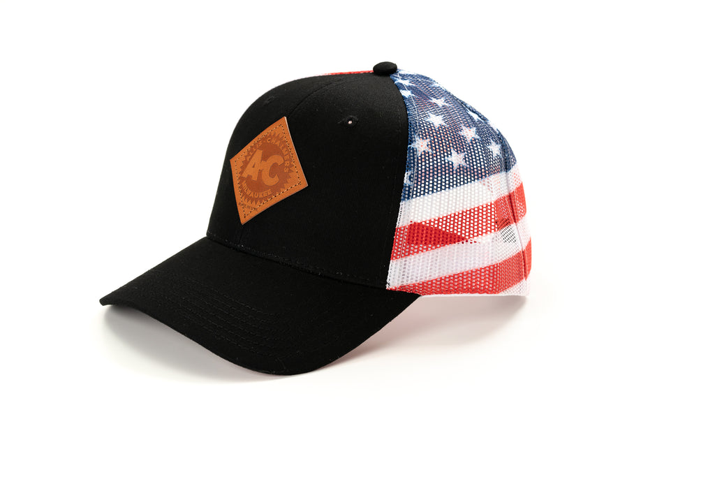 Vintage Allis Chalmers Leather Emblem Hat, Flag Mesh