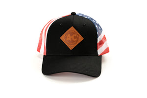 Vintage Allis Chalmers Leather Emblem Hat, Flag Mesh