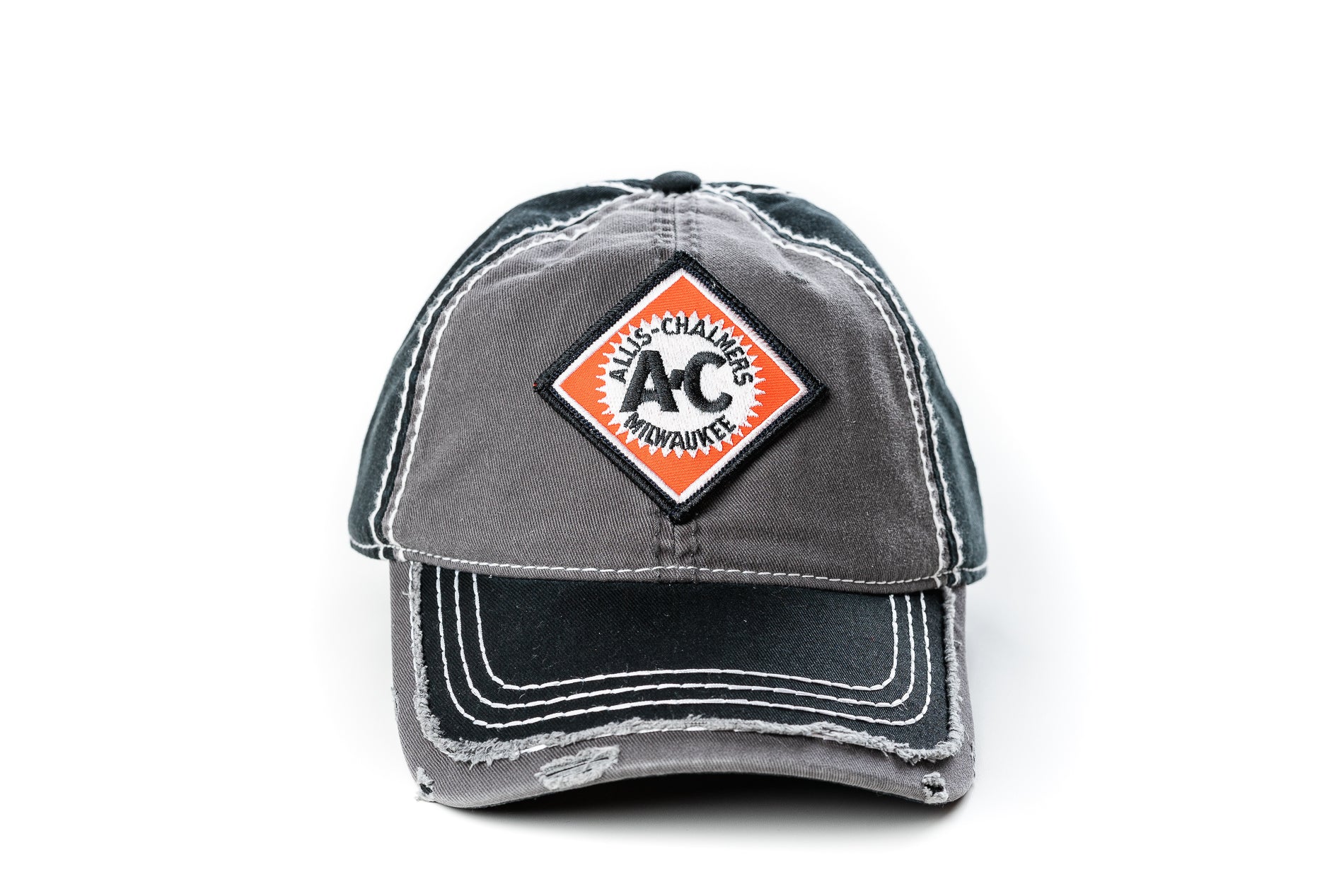 Allis Chalmers Hat, Vintage Starburst Logo, Gray and Black Distressed
