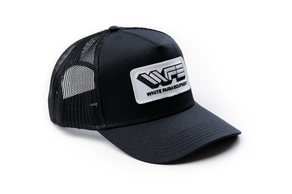 White Farm Equipment Hat, Trucker Style Black Mesh
