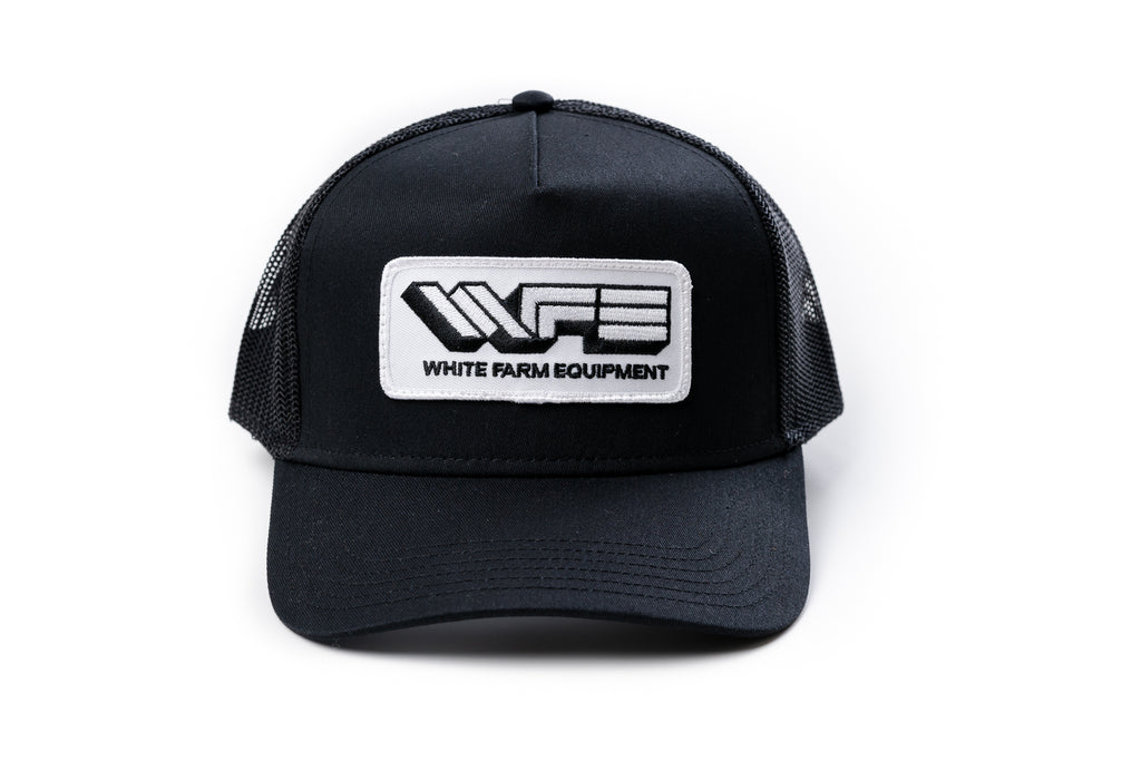 White Farm Equipment Hat, Trucker Style Black Mesh