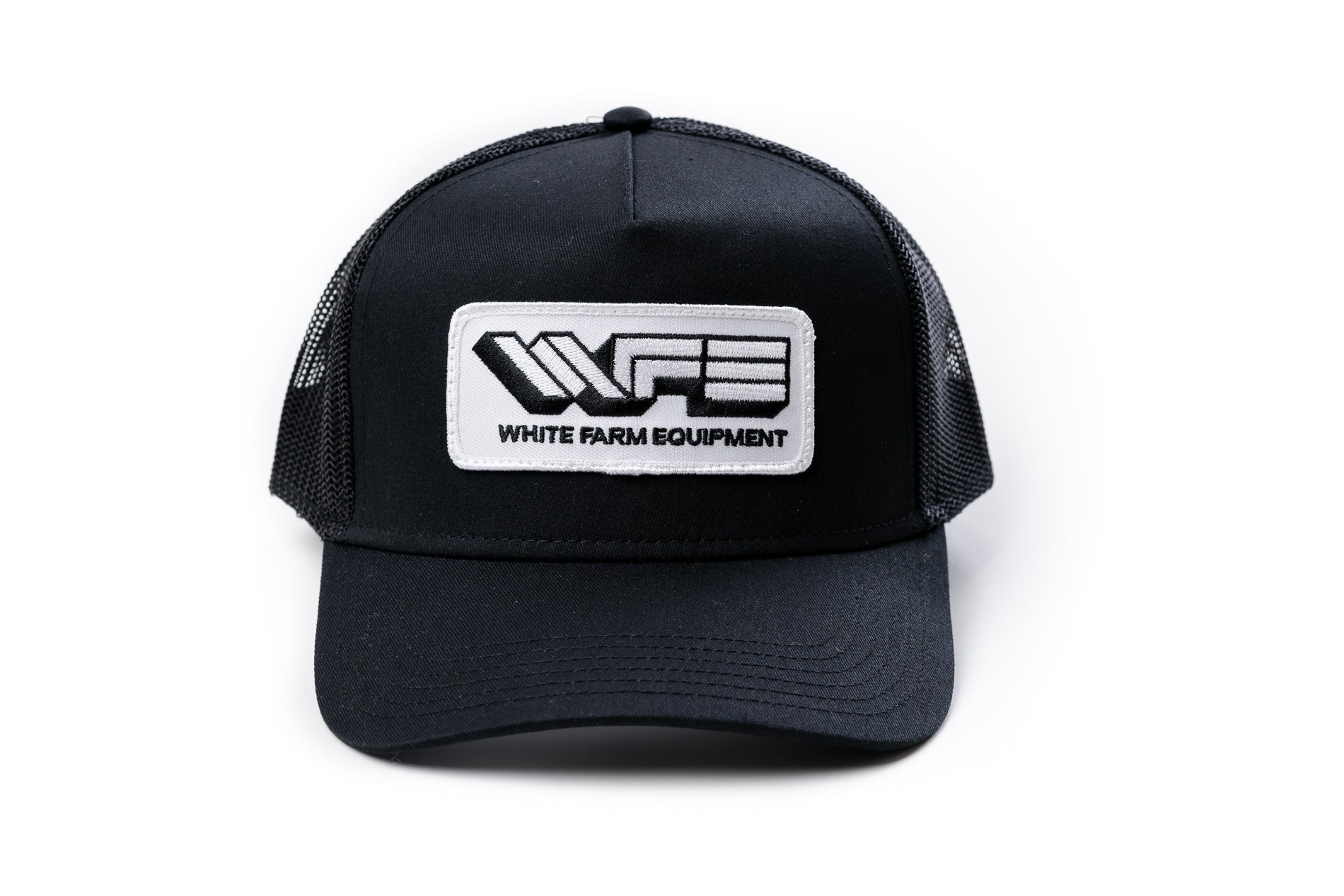 White Farm Equipment Hat, Trucker Style Black Mesh