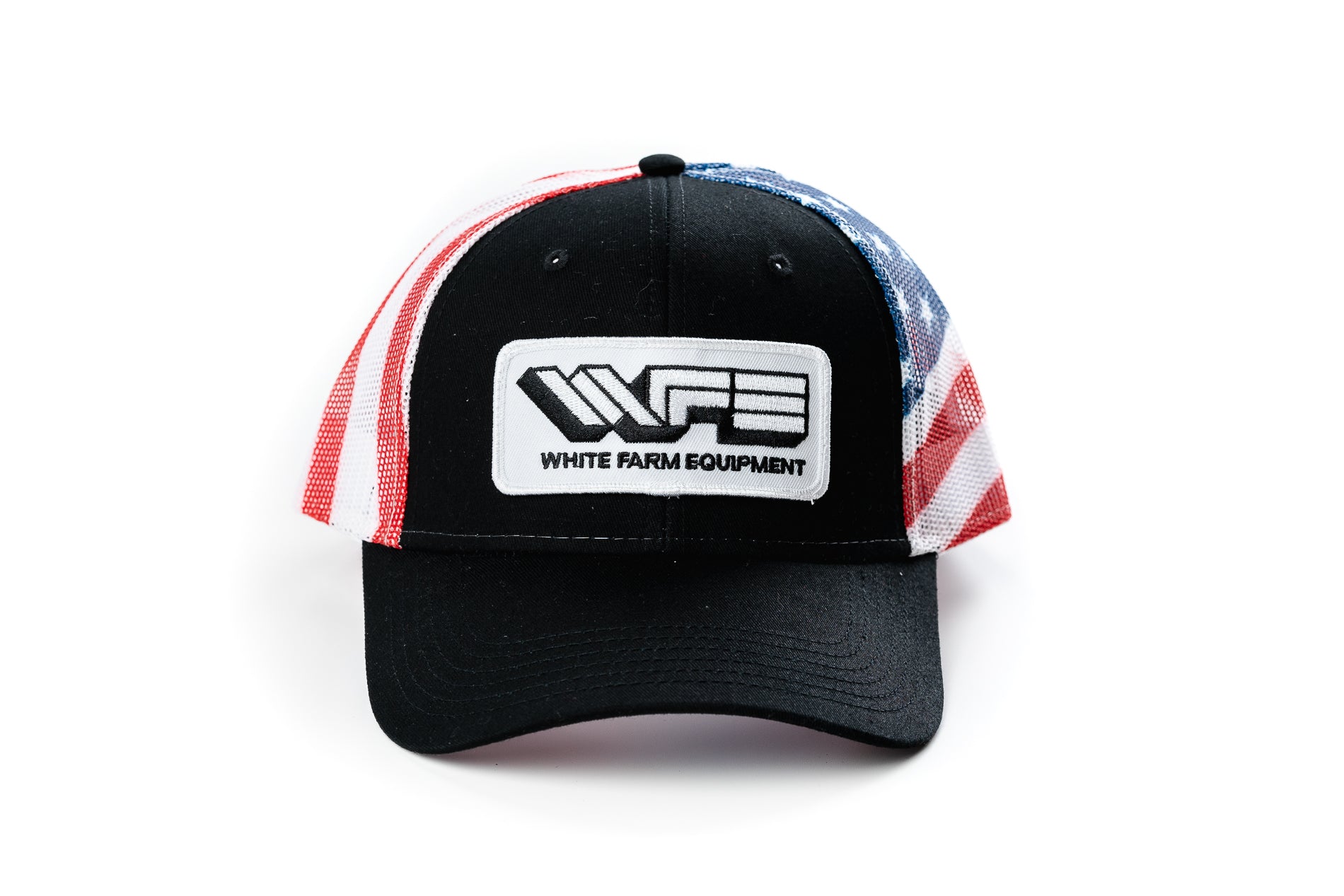 White Farm Equipment Logo Hat, Flag Mesh