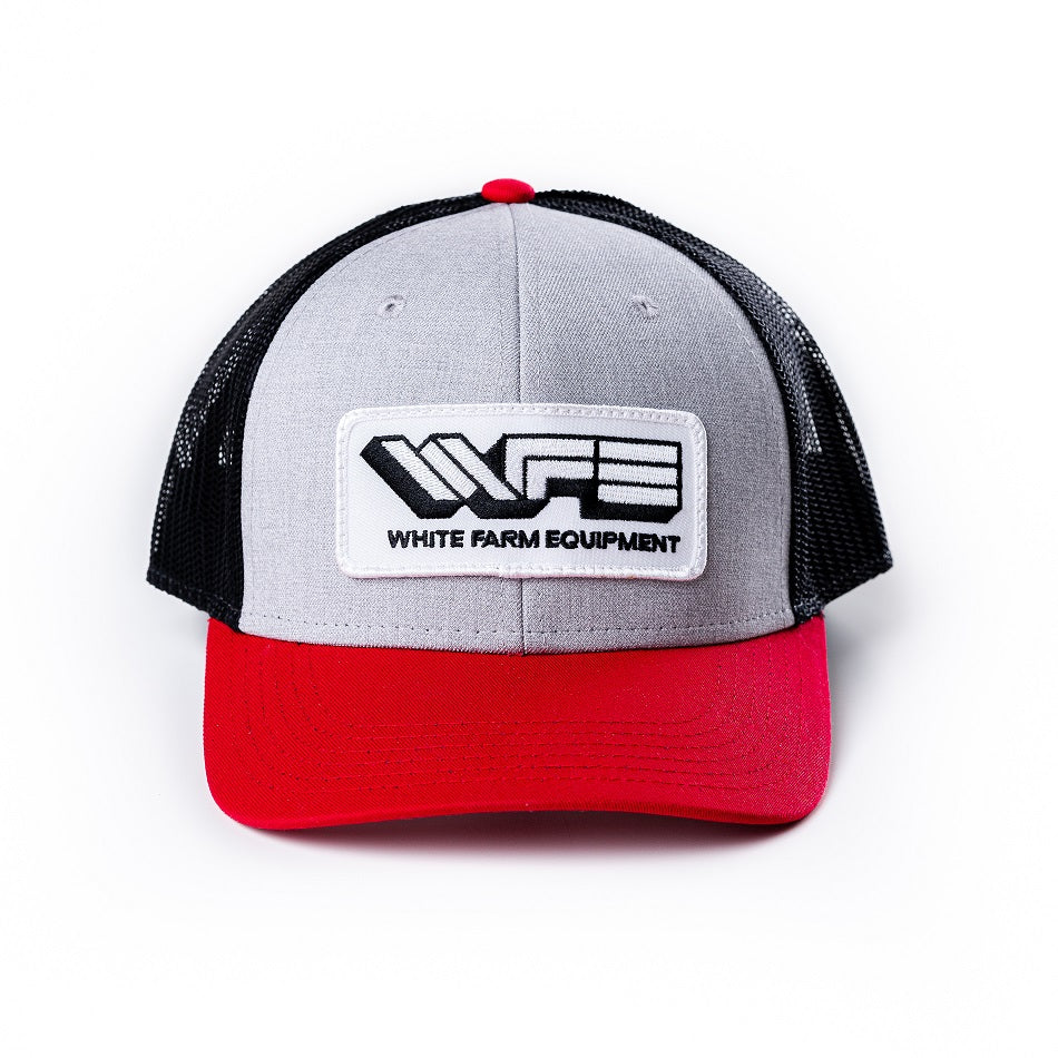 White Farm Equipment Hat, Gray with Red Brim, Mesh