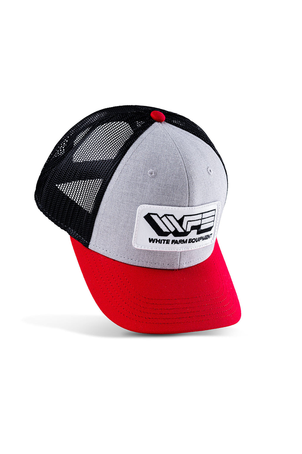 White Farm Equipment Hat, Gray with Red Brim, Mesh