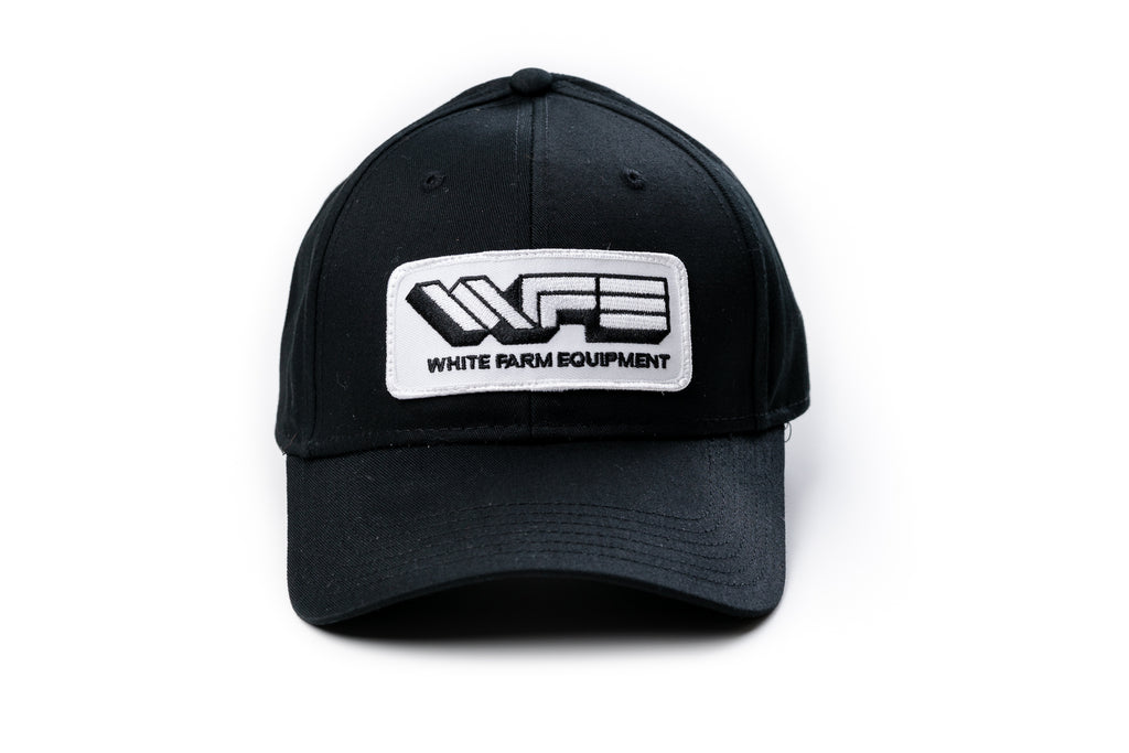 White Farm Equipment Hat, Solid Black