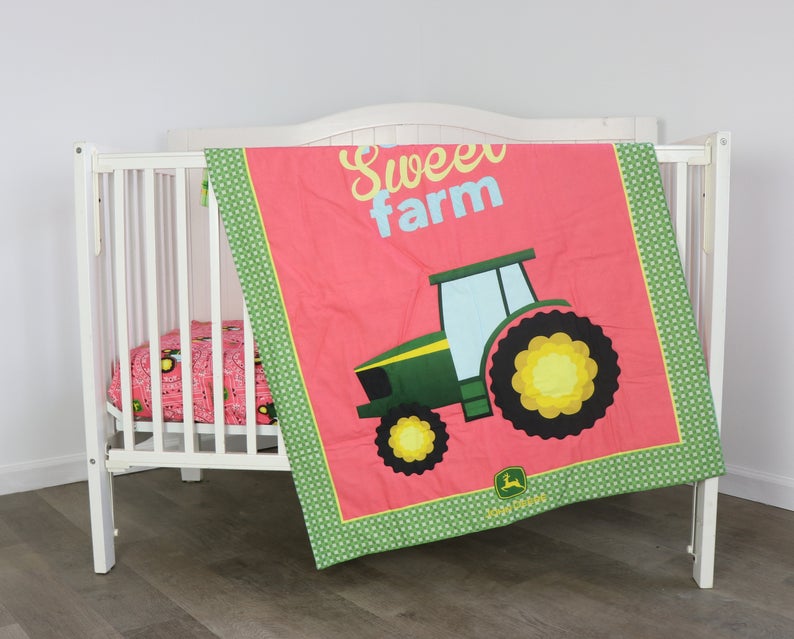 Tractor Nursery Set, Quilt and Sheet featuring John Deere, Farm Sweet Farm Pink